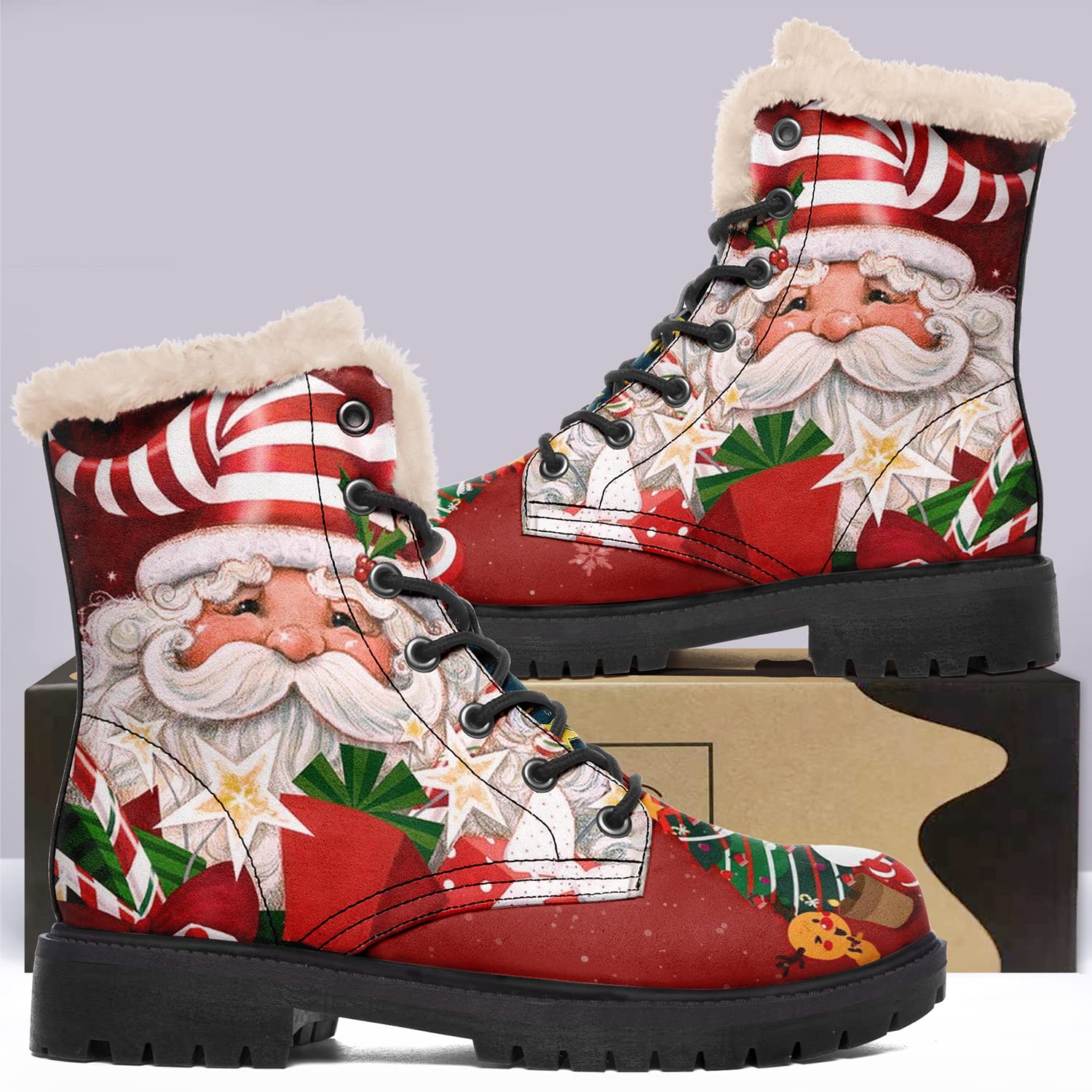 女性のための冬のブーツ、カスタム クリスマス ブーツ サンタ クロース プリント レディース ファー裏地付きレースアップ アンクル ブーツ 